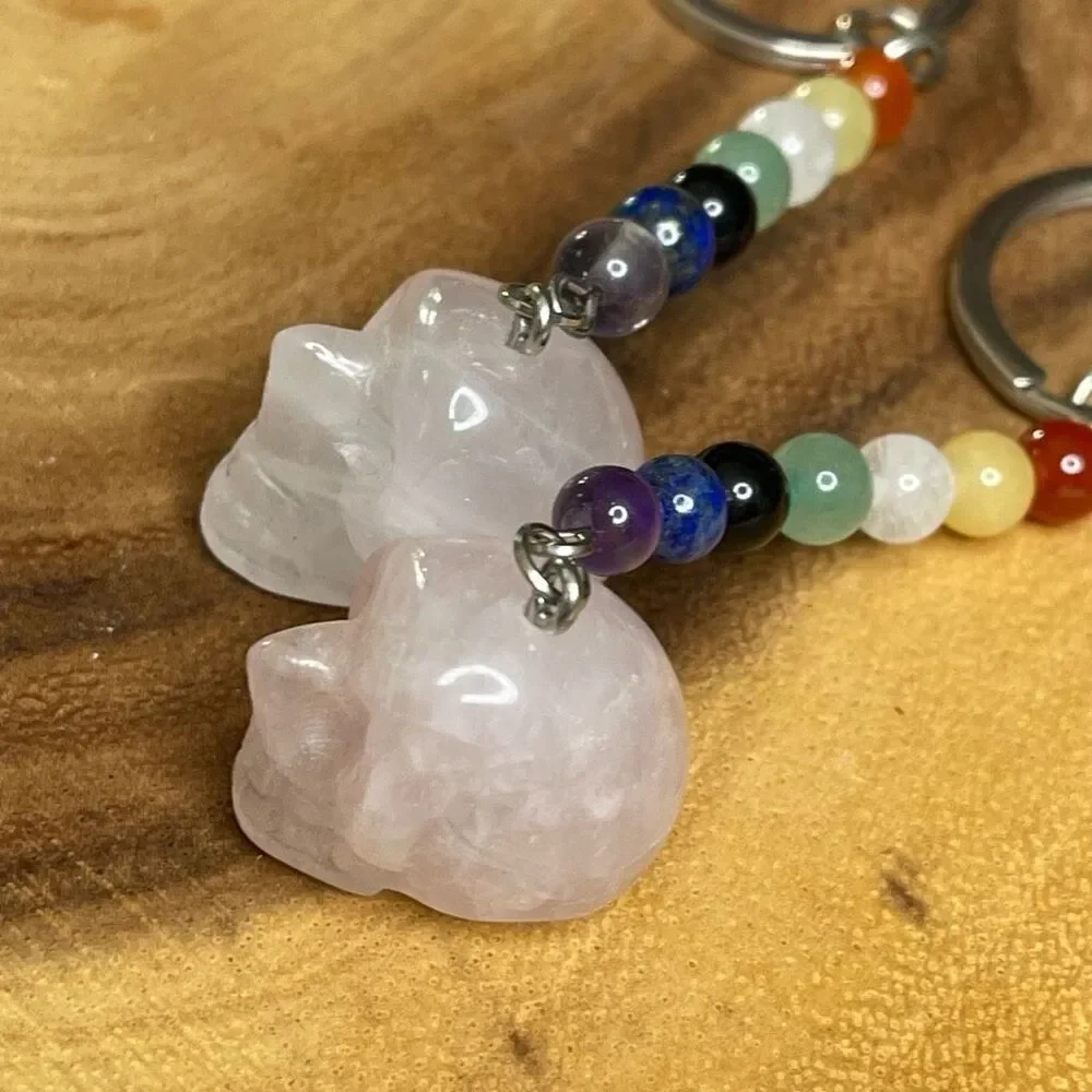 Rose quartz skull carving key chain key ring 7 chakra beads rainbow